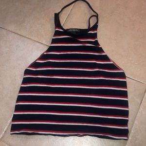Read white and blue cropped halter neck tang top